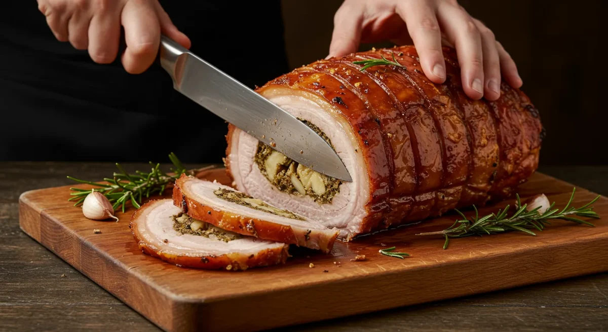 Porchetta di Ariccia IGP - taglio tradizionale su tagliere
