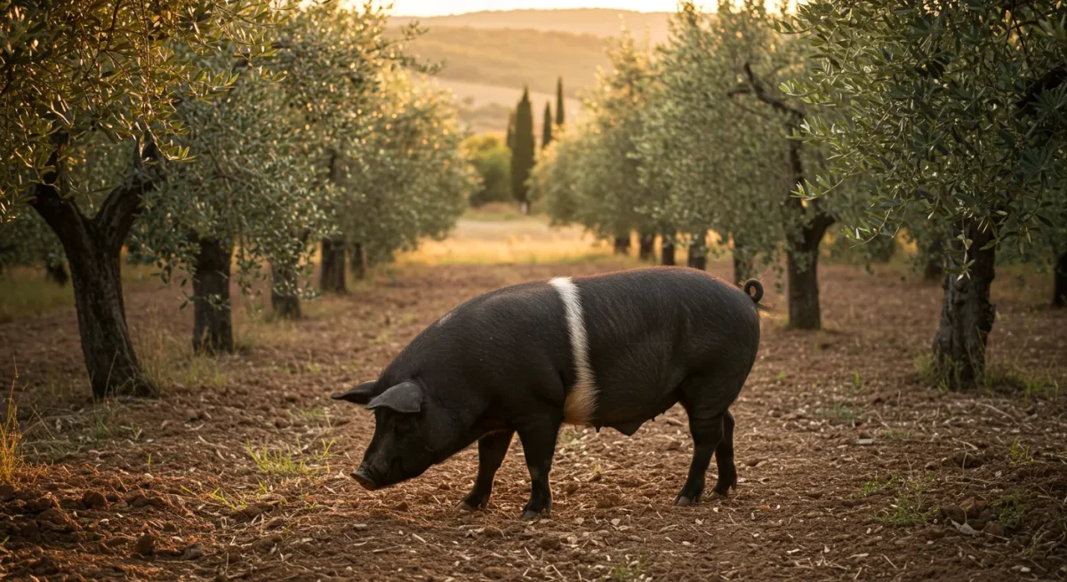 Cinta Senese DOP - maiale antico al pascolo tra gli olivi toscani